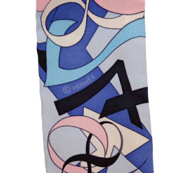 HERMES Twilly LE NOMBRE D OR Golden Number Scarf 100% Silk Blue - Picture 6 of 6